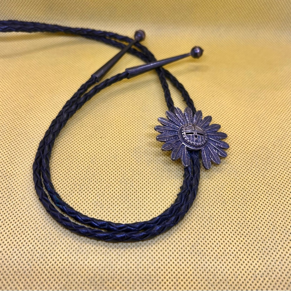 Thomas Byrd Red Mesa Navajo Sterling Silver Kachina Bolo Tie, Black Leather Rope